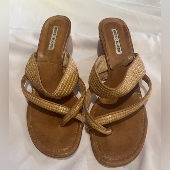 🚫SOLD🚫Manolo Blahniks Raffia Tan Slip On Wedge Vintage Leather Strappy Sandal41 - Picture 11 of 12